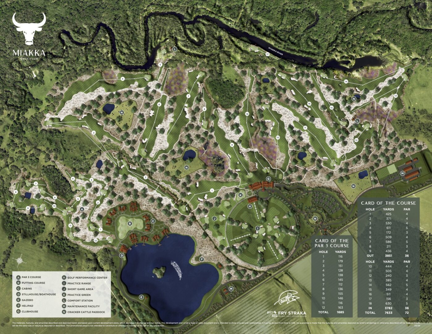 Golf course map with green layout and scorecard.