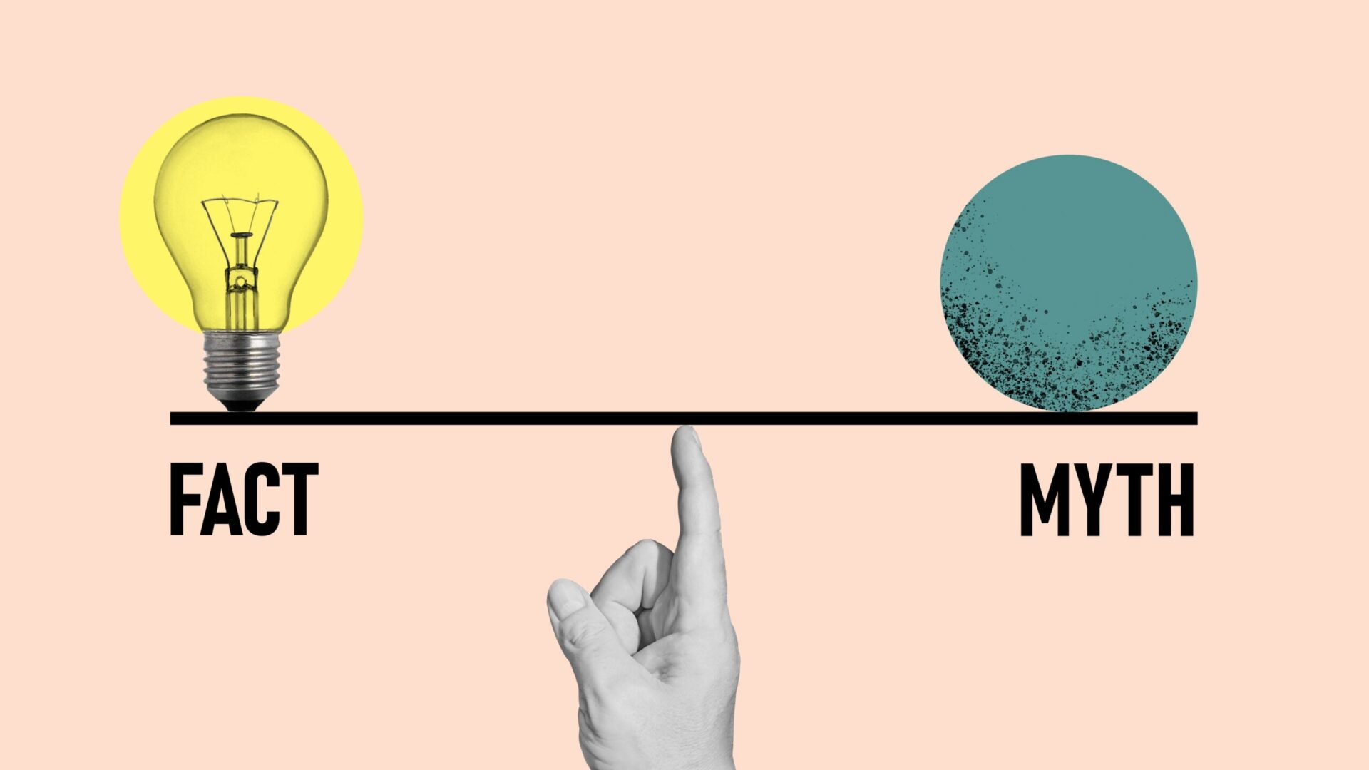 Lightbulb on seesaw, fact vs myth.